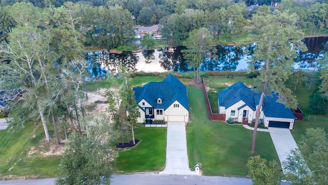 drone / aerial view featuring a water view