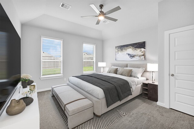 bedroom featuring light carpet and ceiling fan