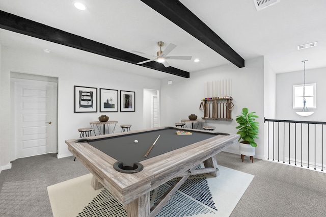 recreation room featuring pool table, light colored carpet, ceiling fan, and beam ceiling