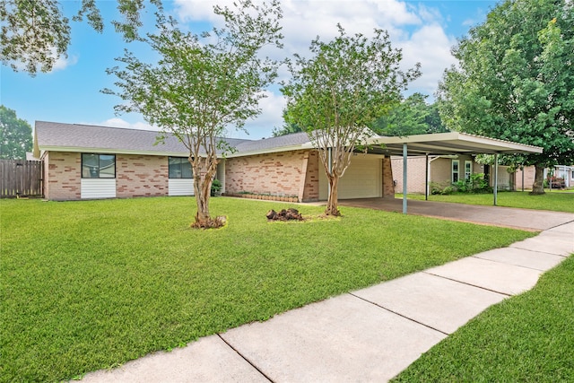 single story home with a garage, a front lawn, and a carport