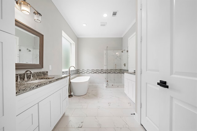 bathroom featuring shower with separate bathtub, vanity, and ornamental molding