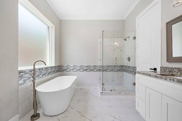 bathroom with crown molding, vanity, separate shower and tub, and plenty of natural light