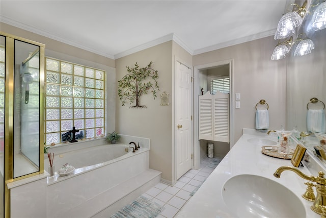 bathroom featuring ornamental molding, vanity, tile patterned floors, and shower with separate bathtub