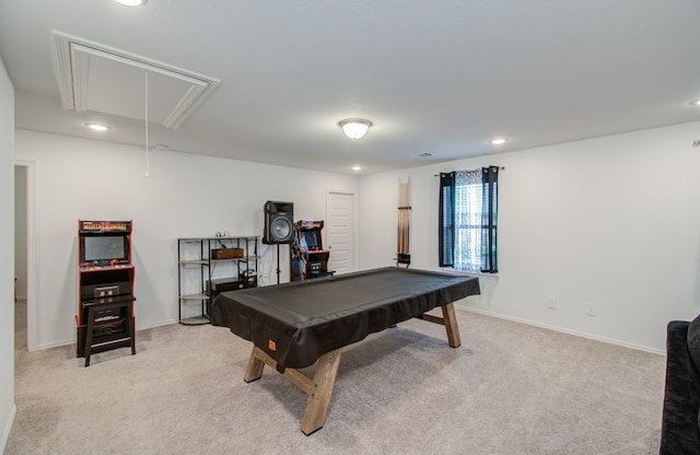 game room featuring light colored carpet and billiards