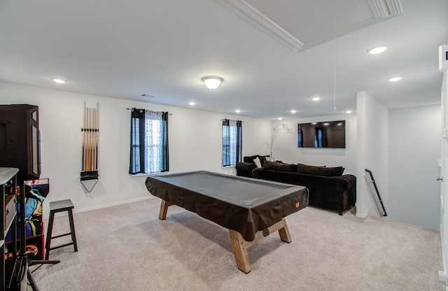 game room featuring light carpet and billiards