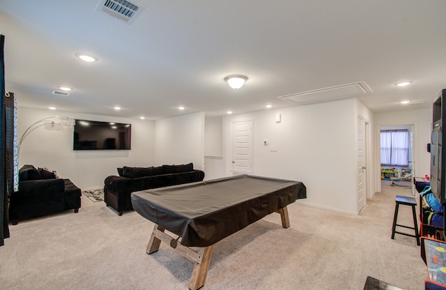 game room featuring light carpet and pool table