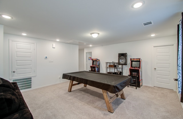 rec room featuring light colored carpet and pool table