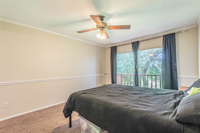 carpeted bedroom featuring ceiling fan, crown molding, and access to outside