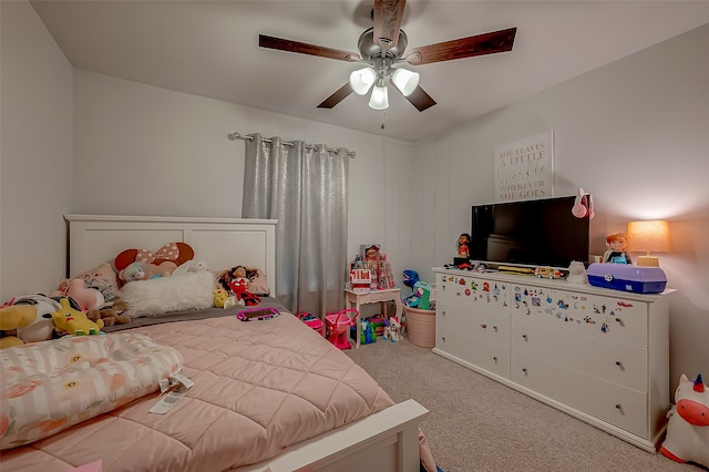 bedroom featuring ceiling fan and carpet flooring