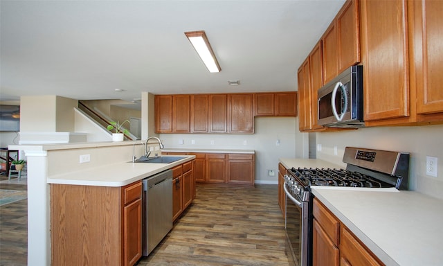 kitchen featuring appliances with stainless steel finishes, sink, and dark wood-type flooring