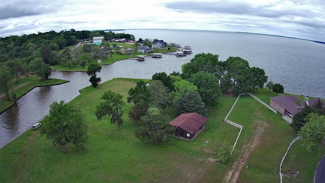 bird's eye view with a water view