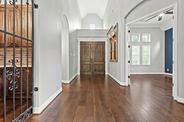 foyer featuring lofted ceiling, dark wood-type flooring, and crown molding