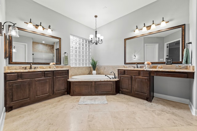 bathroom featuring vanity, a chandelier, plus walk in shower, and tile patterned floors