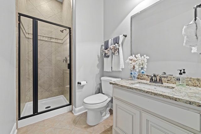 bathroom featuring vanity, a shower with shower door, toilet, and tile patterned flooring