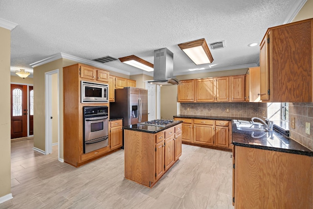 kitchen with a center island, sink, stainless steel appliances, island range hood, and ornamental molding