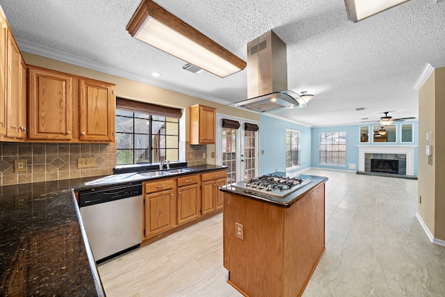 kitchen with a healthy amount of sunlight, island range hood, tasteful backsplash, and stainless steel appliances