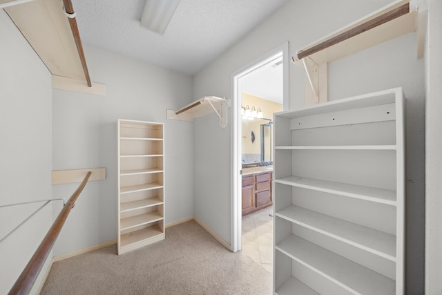 walk in closet featuring light colored carpet