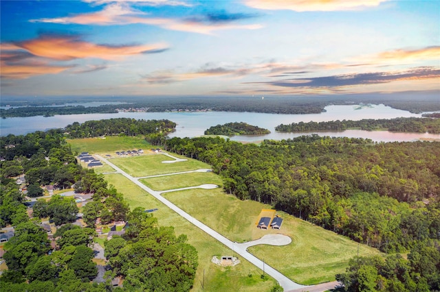 aerial view at dusk featuring a water view