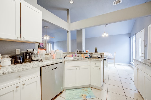 kitchen featuring white cabinets, dishwasher, decorative light fixtures, and sink