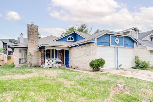 ranch-style home featuring a garage, a porch, and a front lawn