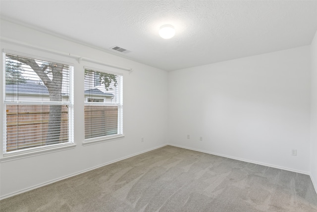 empty room featuring a textured ceiling and light carpet