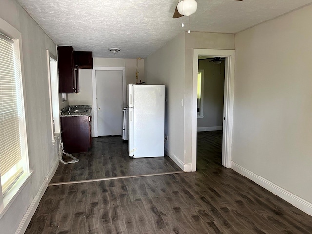 interior space featuring a wealth of natural light, a textured ceiling, white fridge, and dark hardwood / wood-style flooring