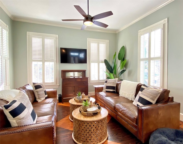 living room featuring crown molding, dark hardwood / wood-style floors, and ceiling fan