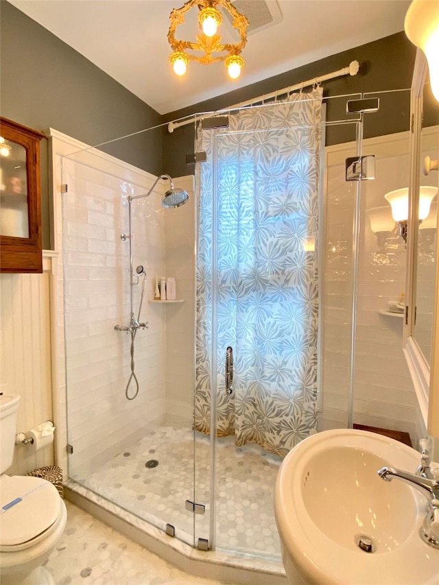 full bathroom with a shower stall, a sink, and toilet