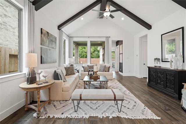 living area with baseboards, a ceiling fan, dark wood-type flooring, beamed ceiling, and high vaulted ceiling