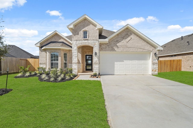 view of front of property with a front yard and a garage