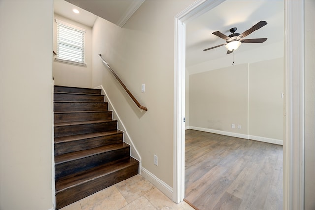 stairway featuring ceiling fan and hardwood / wood-style flooring