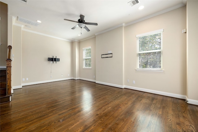 unfurnished room featuring crown molding, dark hardwood / wood-style floors, and ceiling fan