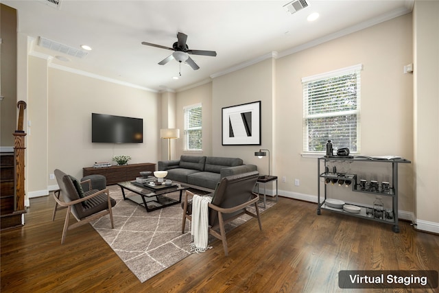 living room featuring ornamental molding, ceiling fan, and dark hardwood / wood-style flooring