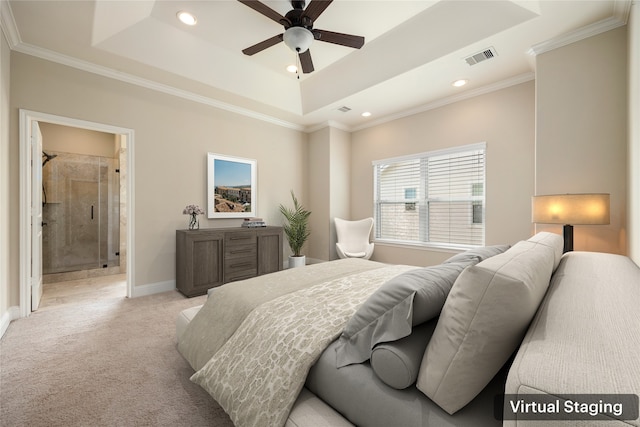 bedroom featuring ornamental molding, connected bathroom, ceiling fan, and light colored carpet