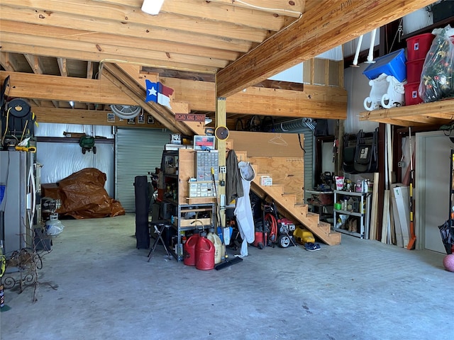 garage with a workshop area