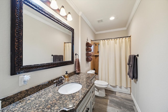 full bathroom with hardwood / wood-style floors, vanity, toilet, ornamental molding, and shower / tub combo with curtain