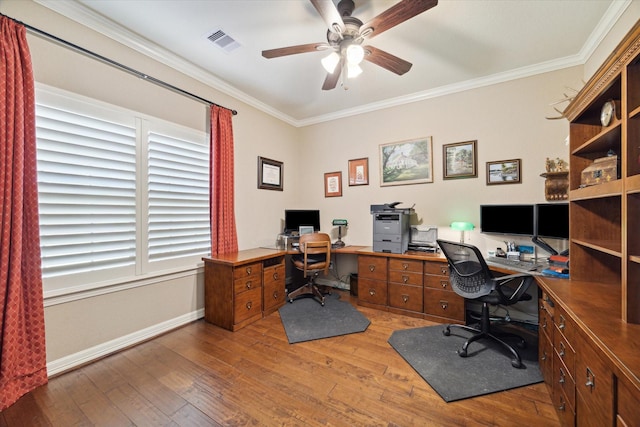 office featuring ceiling fan, wood-type flooring, and ornamental molding