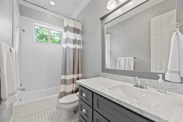 full bathroom featuring vanity, ornamental molding, shower / bathtub combination with curtain, tile patterned floors, and toilet