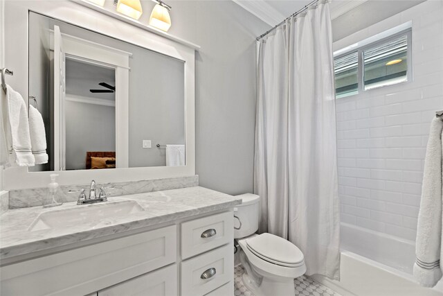 full bathroom with shower / bath combination with curtain, vanity, toilet, ornamental molding, and tile patterned flooring