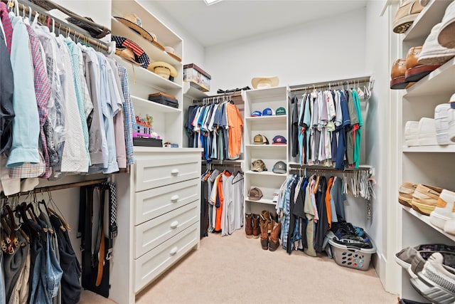 walk in closet with light colored carpet