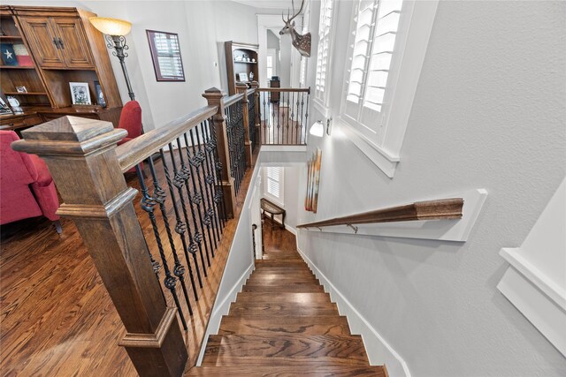 stairway with hardwood / wood-style flooring and a healthy amount of sunlight