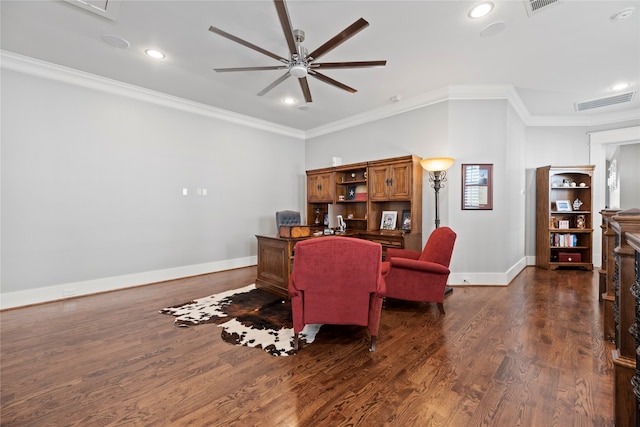 office with crown molding, ceiling fan, and dark hardwood / wood-style floors