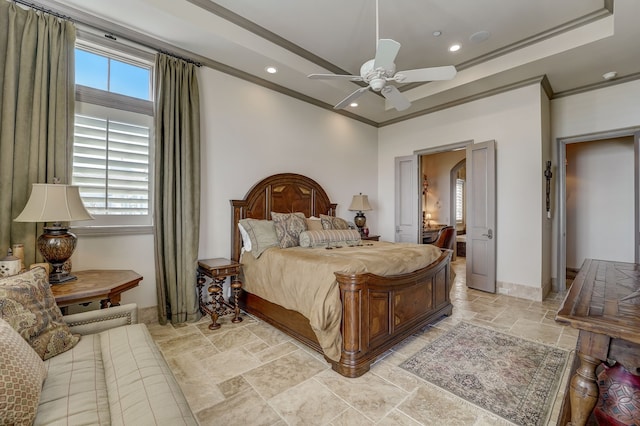 bedroom featuring ornamental molding, multiple windows, and ceiling fan