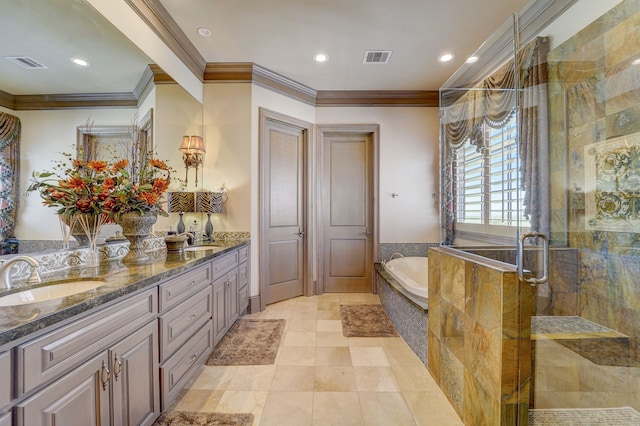 bathroom with shower with separate bathtub, tile patterned floors, vanity, and crown molding