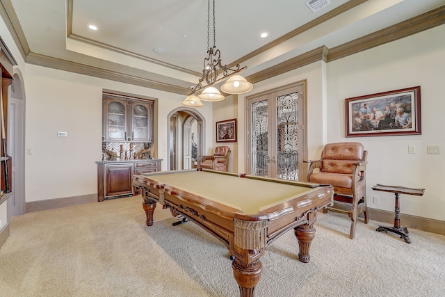 rec room featuring pool table, crown molding, light colored carpet, and french doors