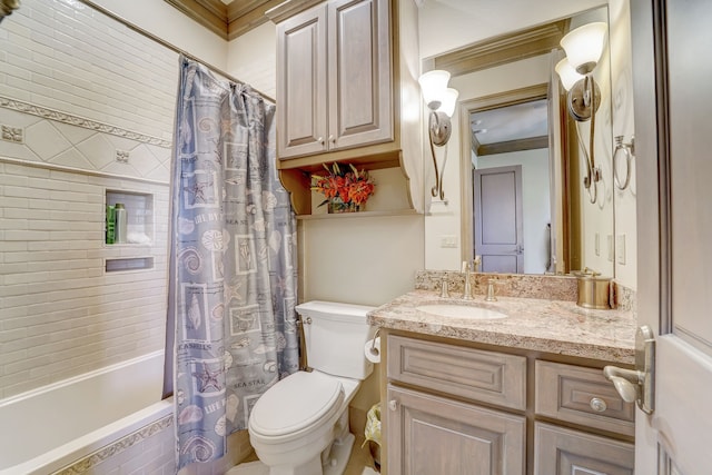 full bathroom featuring vanity, ornamental molding, toilet, and shower / tub combo with curtain