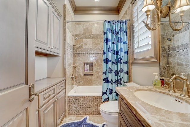 full bathroom with shower / bathtub combination with curtain, tile patterned floors, ornamental molding, vanity, and toilet