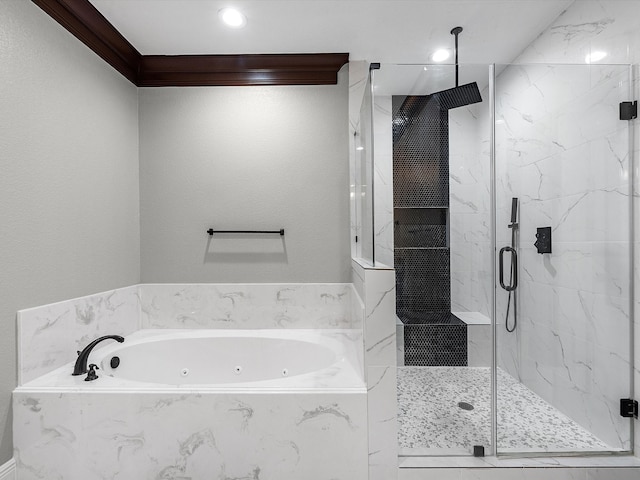 bathroom featuring plus walk in shower and ornamental molding