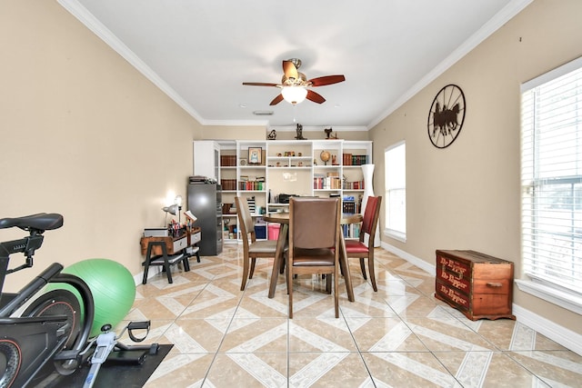 dining area featuring ceiling fan, light tile patterned flooring, and ornamental molding