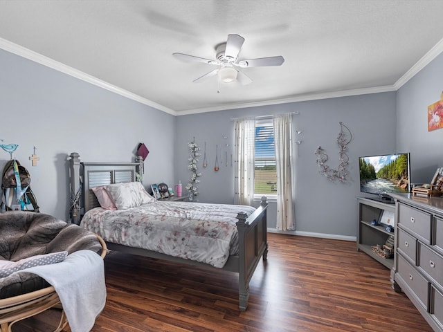 bedroom with ceiling fan, dark hardwood / wood-style floors, and crown molding